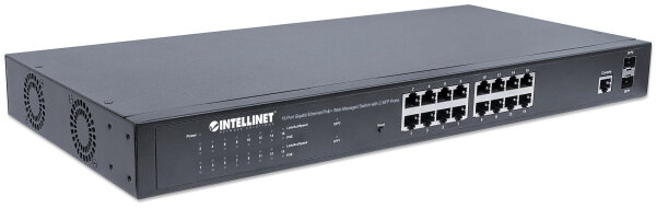 Intellinet 16-Port Gigabit Ethernet PoE+ Web-Managed Switch mit 2 SFP-Ports, IEEE 802.3at/af Power over Ethernet (PoE+/PoE)-konform, 220 W, Endspan, PDM-Funktion, 19" Rackmount