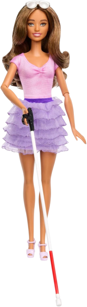 Mattel Barbie Fashionista Doll - Blinde Barbie Puppe mit pastellfarbenem Outfit, Blindenstock und Sonnenbrille
