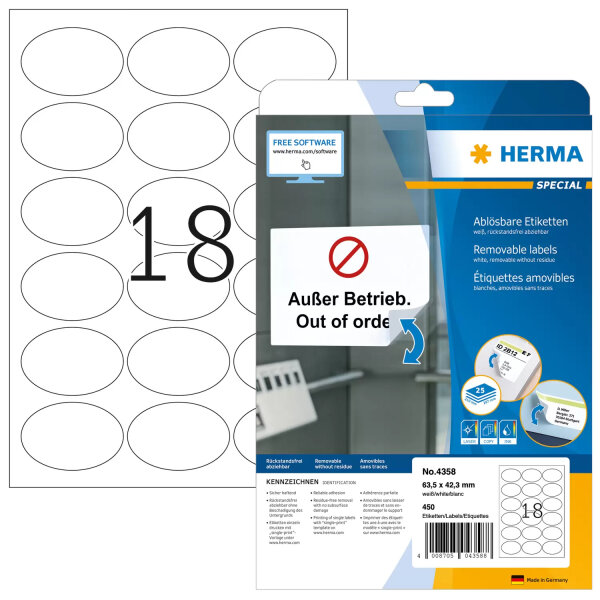 HERMA Etik. A4 weiß 63,5x42,3 mm oval ablösb. Papier 450 St.